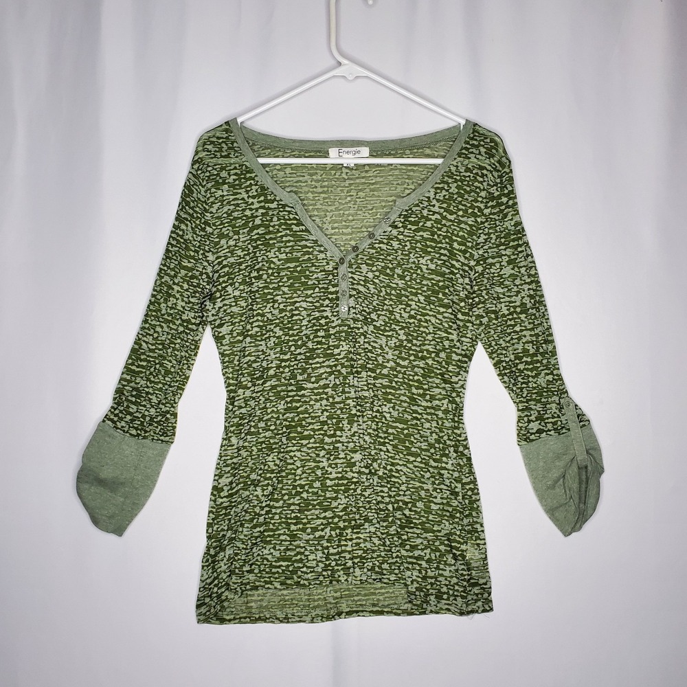 Energie Burnout Henley Shirt Juniors XL Green Sheer 3/4 Roll Sleeve Vneck Grunge